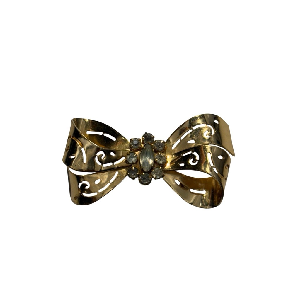 Vintage Signed Coro Gold Tone Rhinestone Cluster Center Ribbon Bow Brooch Pin